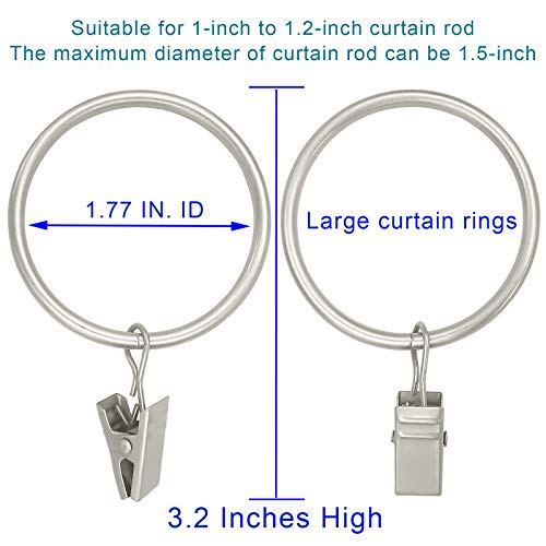 WeeksEight 20 Pack Matte Silver Curtain Rings with Clips, Curtain Hooks Hangers Clip Rings for Hanging Drapes Bows Hat, Drapery Rings 1.77 in I D, Fits up to 1.5 in Diameter Curtain Rod. - Image 2