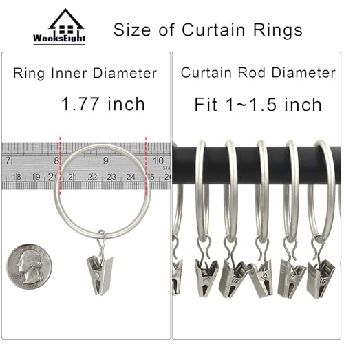 WeeksEight 20 Pack Matte Silver Curtain Rings with Clips, Curtain Hooks Hangers Clip Rings for Hanging Drapes Bows Hat, Drapery Rings 1.77 in I D, Fits up to 1.5 in Diameter Curtain Rod. - Image 3