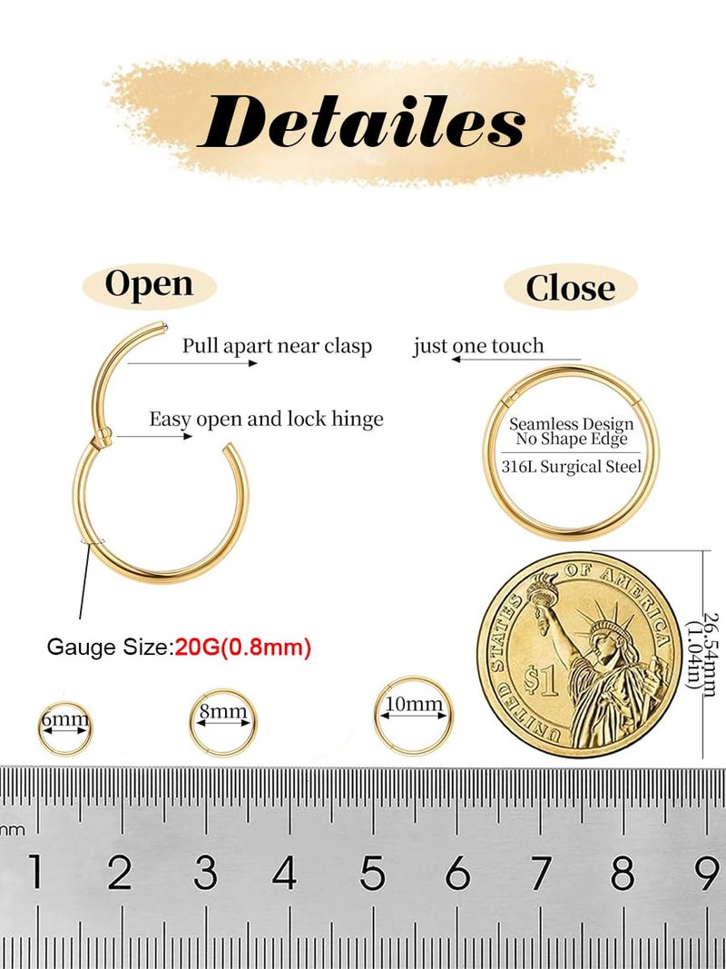 AMASIS 3Pcs 20G Gold Nose Rings Hoop for Women Men,Hypoallergenic 316l Surgical Steel Hinged Clicker Segment Nose Rings Hoop Helix Cartilage Daith Tragus Sleeper Earrings Real Body Piercing Jewelry Diameter 6mm 8mm 10mm - Image 2
