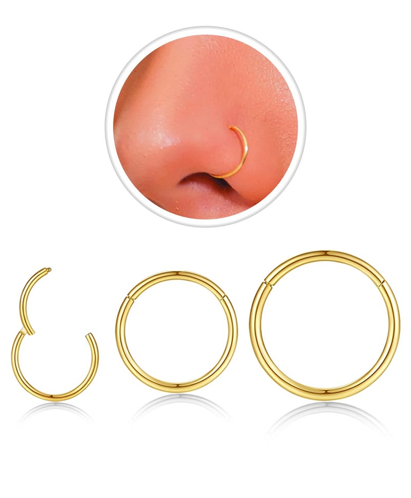 AMASIS 3Pcs 20G Gold Nose Rings Hoop for Women Men,Hypoallergenic 316l Surgical Steel Hinged Clicker Segment Nose Rings Hoop Helix Cartilage Daith Tragus Sleeper Earrings Real Body Piercing Jewelry Diameter 6mm 8mm 10mm - Image 1
