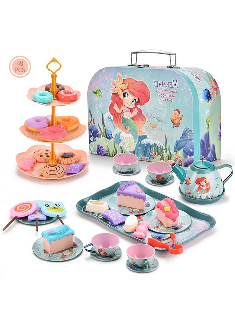 LOOPITYS 48 piece tea party set, fun afternoon tea pretend toys with teapot, dessert cake rack, portable simulated princess tea toy, role-playing gift for little girls  - Image 1