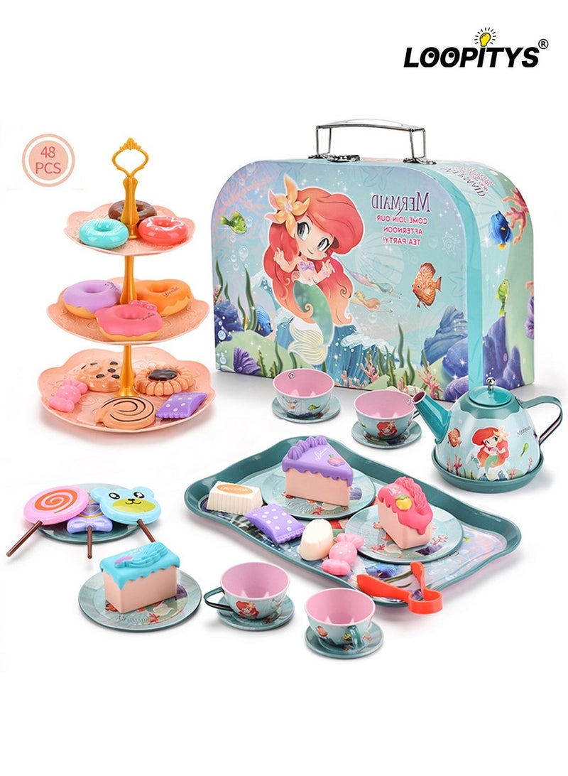 LOOPITYS 48 piece tea party set, fun afternoon tea pretend toys with teapot, dessert cake rack, portable simulated princess tea toy, role-playing gift for little girls - Image 1