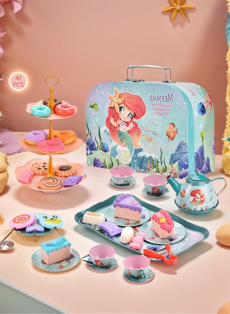 LOOPITYS 48 piece tea party set, fun afternoon tea pretend toys with teapot, dessert cake rack, portable simulated princess tea toy, role-playing gift for little girls - Image 2