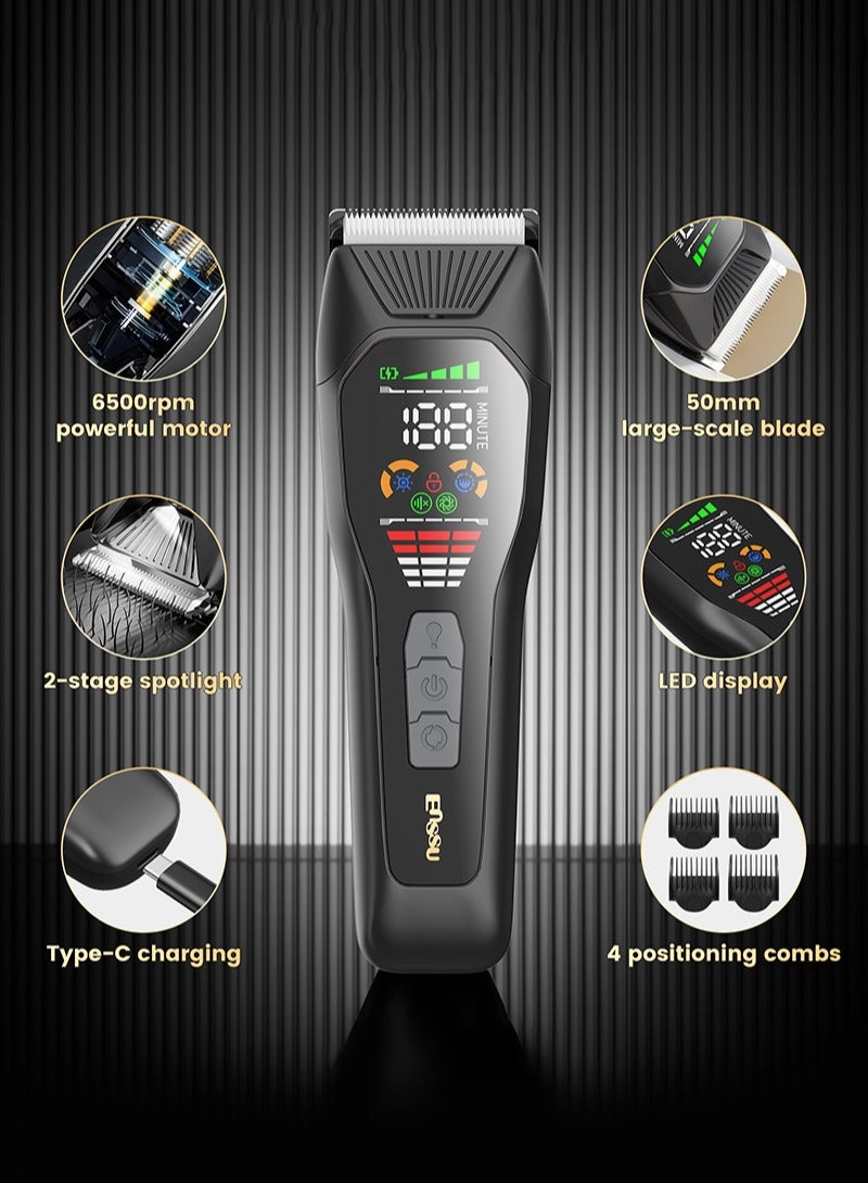ENSSU Professional Beard & Hair Clipper for Men - 50mm Titanium Blade with LED Display, 200Min Cordless Runtime, 4 Guide Combs for Barber Precision at Home (Black) - Image 3
