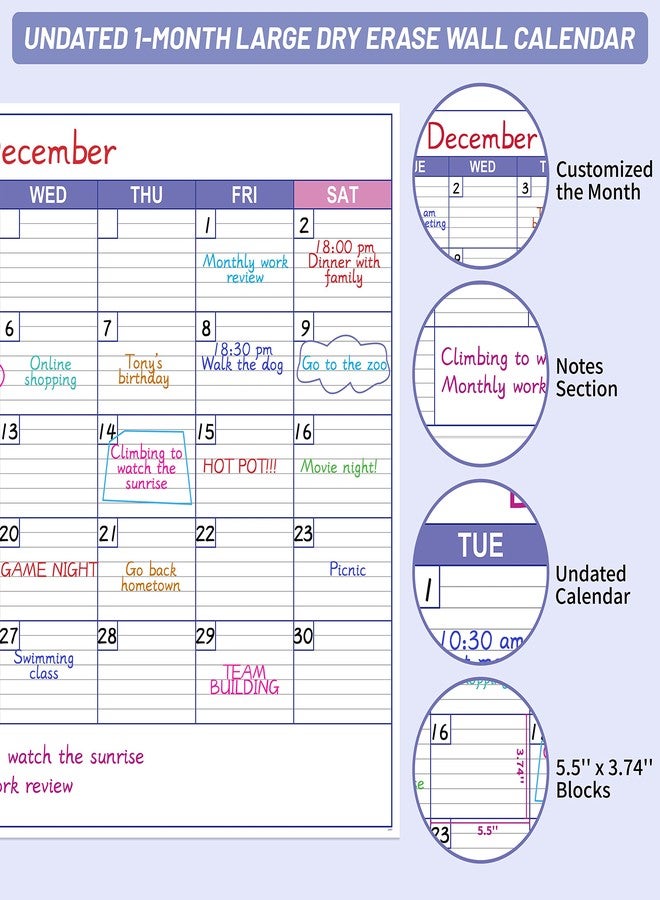 BooQool Large Dry Erase Calendar for Wall - Undated 1 Month Wall Calendar, 40" x 30", Erasable & Reusable Laminated Calendar with 8 Round Stickers, Great Layout Wall Calendar Dry Erase for Home, Office and - Image 3