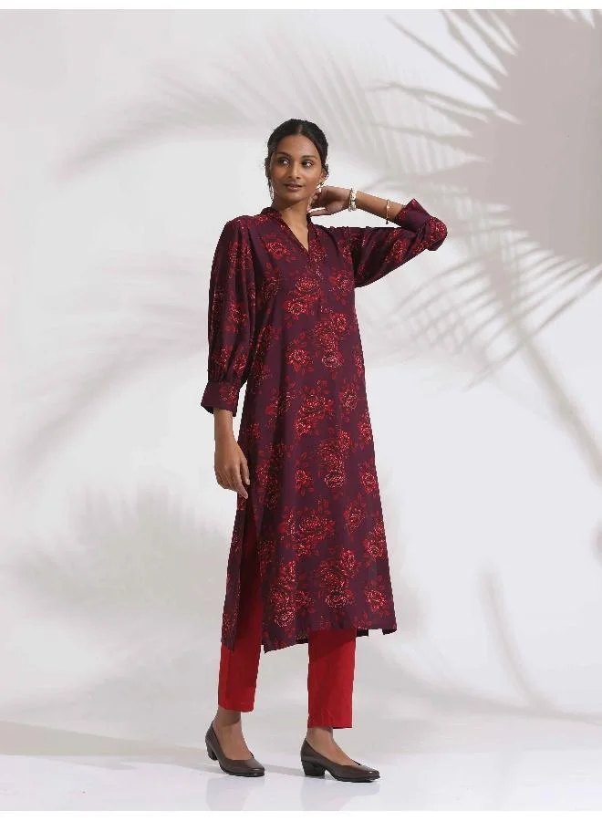 trueBrowns  trueBrowns Purple Floral Print Kurta Set for Women | Best Price UAE