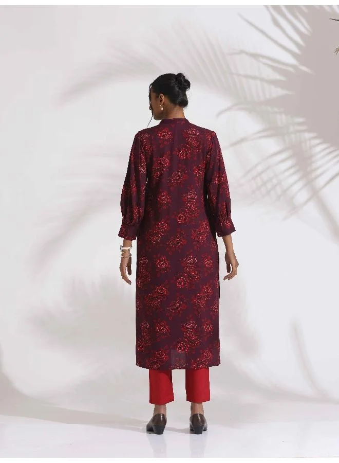 trueBrowns  trueBrowns Purple Floral Print Kurta Set for Women | Best Price UAE