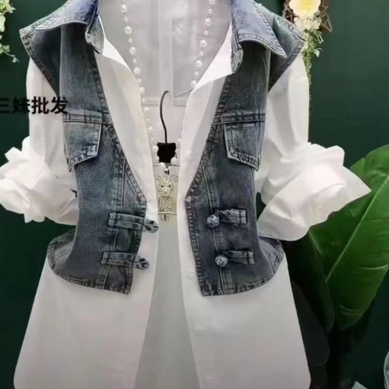 Design Sense Fake Two-piece Denim Shirt Womens 2024 Early Spring Korean Style Casual Western Style All-match Stitching Striped Top Whitefake two-piece shirt white shirt