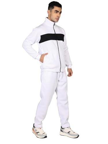 CHKOKKO Mens High Neck Winter Tracksuit Full Zip Jacket with Elastic Waist Lower Warm and Soft Activewear Set for Gym Running and Casual Use White Black 3XL - Image 5