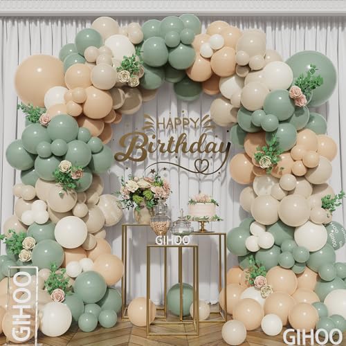 GIHOO Dusty Green Balloon Arch Kit 162PCS Nude Sand White Neutral Apricot Matte Balloons for Baby Shower Wedding Birthday Party Decoration - Image 1
