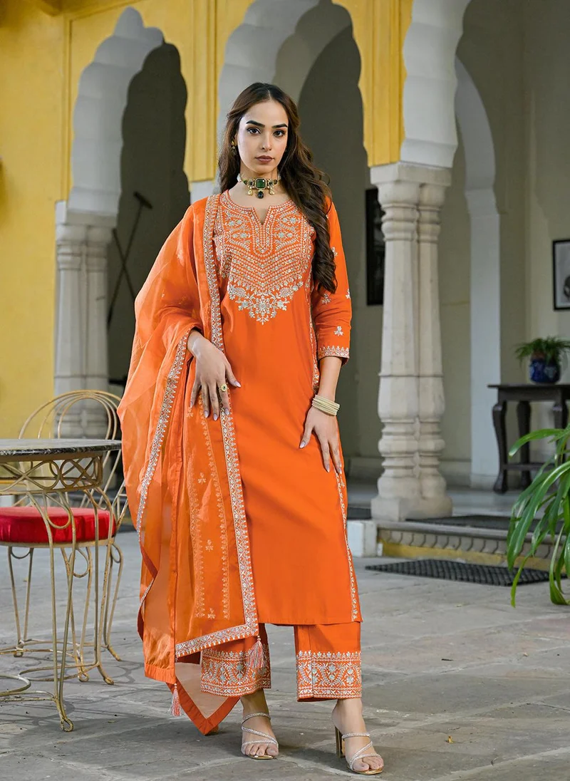 زيري سوق Orange Silk Blend Solid Embroidered 3-Piece Kurta Set