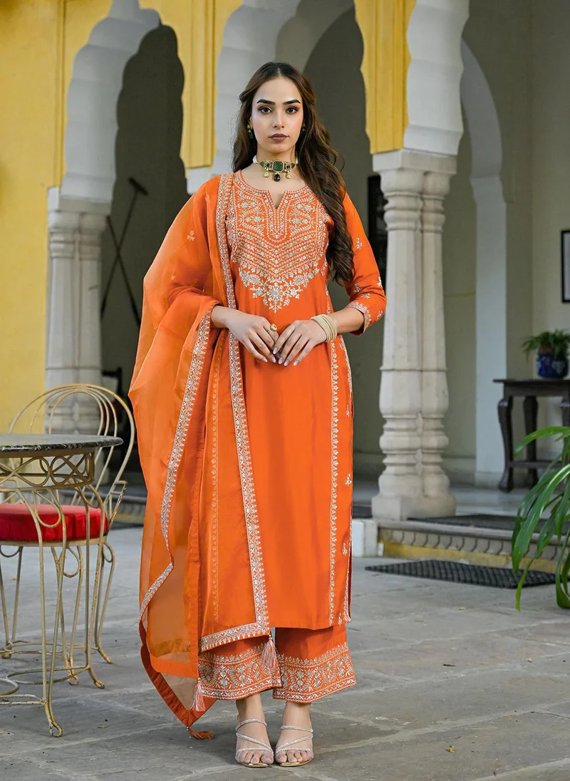زيري سوق Orange Silk Blend Solid Embroidered 3-Piece Kurta Set