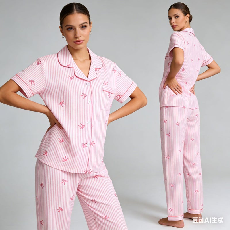 2026 New Popular Bubble Wrinkle Pajamas for Women, Short-Sleeve Shorts and Long Pants, Loungewear Set Wholesale - Image 5