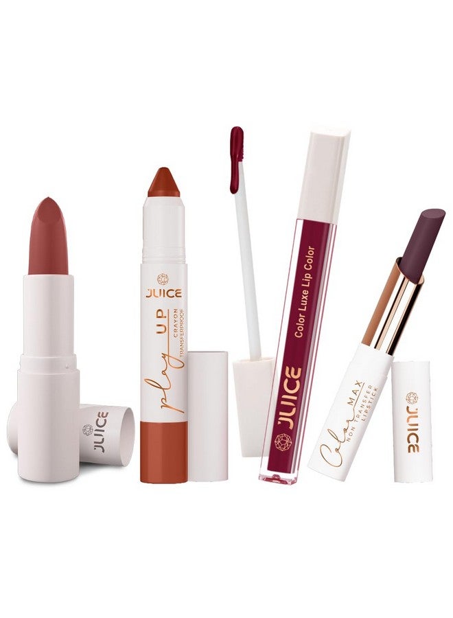 JUICE مجموعة أحمر شفاه مكونة من 4 قطع تدوم طويلاً للنساء (أحمر شفاه بارتي بينك-M10، قلم شفاه ستاي-MCR03، أحمر شفاه سائل فليرتي بيري-M15، قلم رفيع ملبرري ماجيك-M15) - Image 1