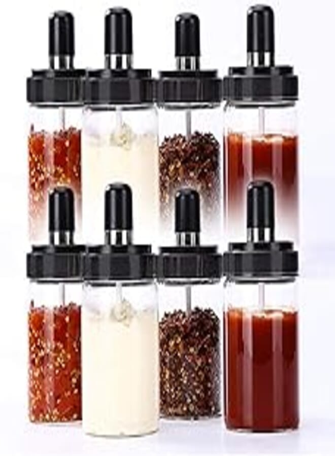 Brezzycloud 300ml Glass Seasoning Container (300Ml, 8 Pieces) , Pickle Storage Jar, Oil/Honey Dispenser Bottle with Spoon , (Glass Jar with Seasoning Spoon) (Set Of 8)
