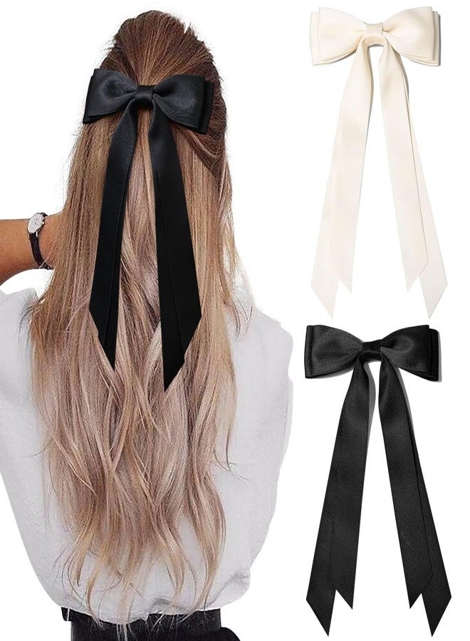 BELICIA 2PCS Premium Hair Bows Hair Clip Beige Black Hair Ribbon Ponytail Holder Accessories Slides Metal Clips Hair Bow for Women Girls Toddlers Teens Kids - Image 1