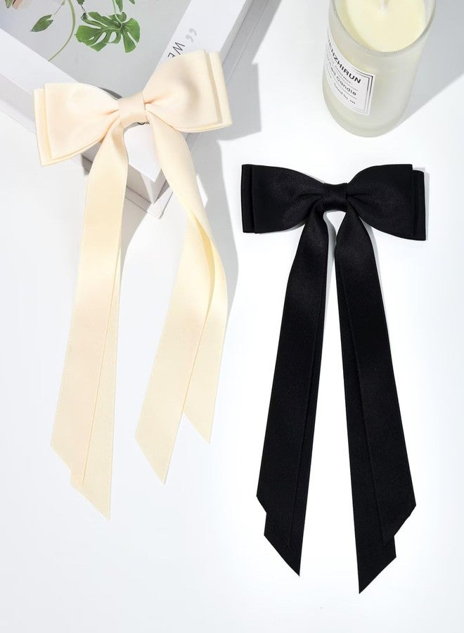 BELICIA 2PCS Premium Hair Bows Hair Clip Beige Black Hair Ribbon Ponytail Holder Accessories Slides Metal Clips Hair Bow for Women Girls Toddlers Teens Kids - Image 2