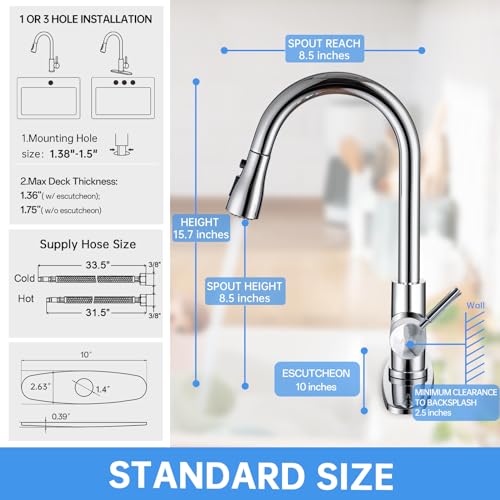 Arofa Chrome Kitchen Faucet, High Arc Kitchen Faucet with Pull Down Sprayer, Modern Single Handle Chrome Kitchen Faucets for 1/3 Hole Sink - Image 5