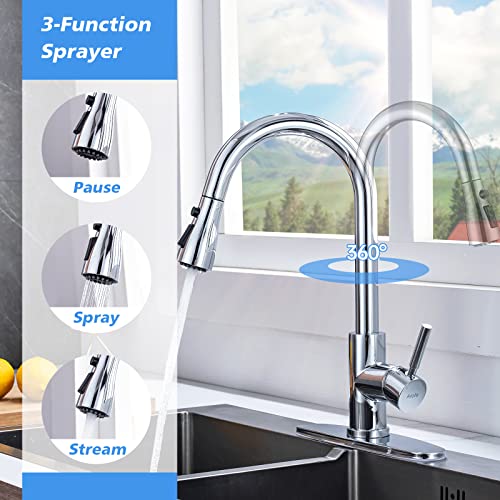 Arofa Chrome Kitchen Faucet, High Arc Kitchen Faucet with Pull Down Sprayer, Modern Single Handle Chrome Kitchen Faucets for 1/3 Hole Sink - Image 2