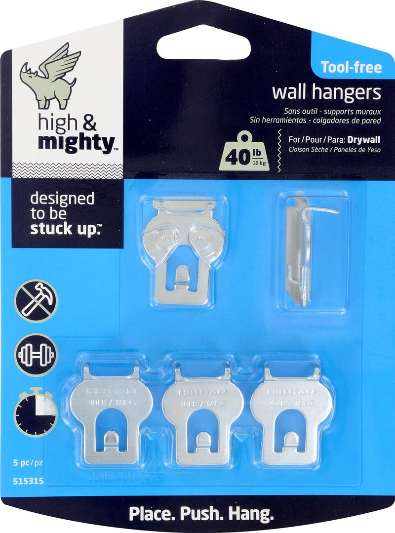 HIGH & MIGHTY 515315 Picture Hanger Value Pack, Easy Tool-Free Dry Wall Art Hangers for Artwork, Photos, and Mirrors, Holds up to 40lbs, 5 pack, Steel - Image 3