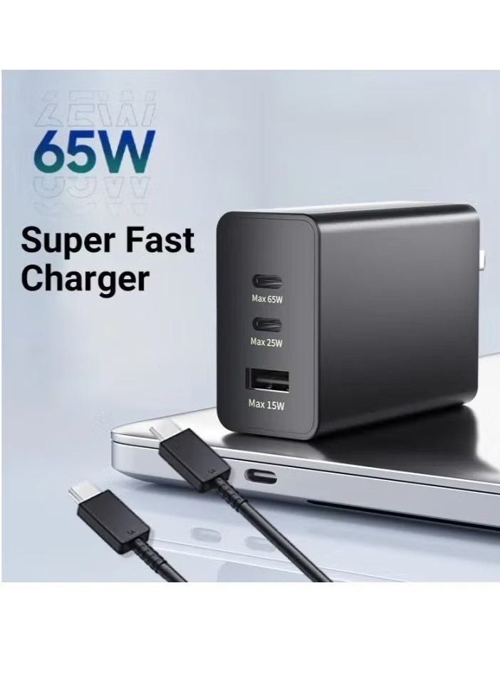 مجموعة شاحن وكابل فائق السرعة PD 65 وات قابس GaN Type-C ثلاثي المنافذ QC 3.0 USB-C متوافق مع جميع - Image 2