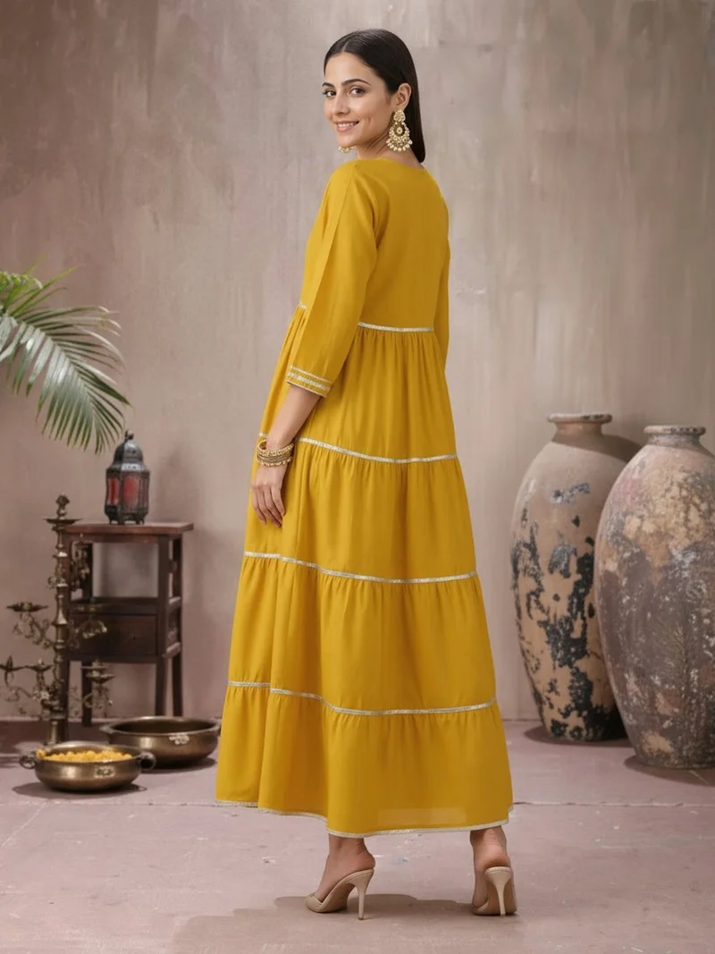 globus Globus Women Yellow V-Neck Sequinned Tie-Up Detail Gotta Patti Tiered Fit & Flare Maxi Festive Dress