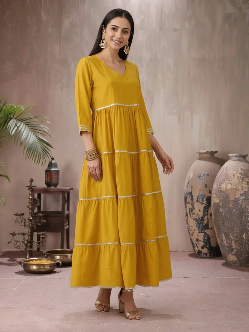 جلو باص فستان نسائي طويل مزين بالترتر بياقة على شكل حرف  ورباط تفاصيل جوتا باتي وطبقات واسعة للمناسبات