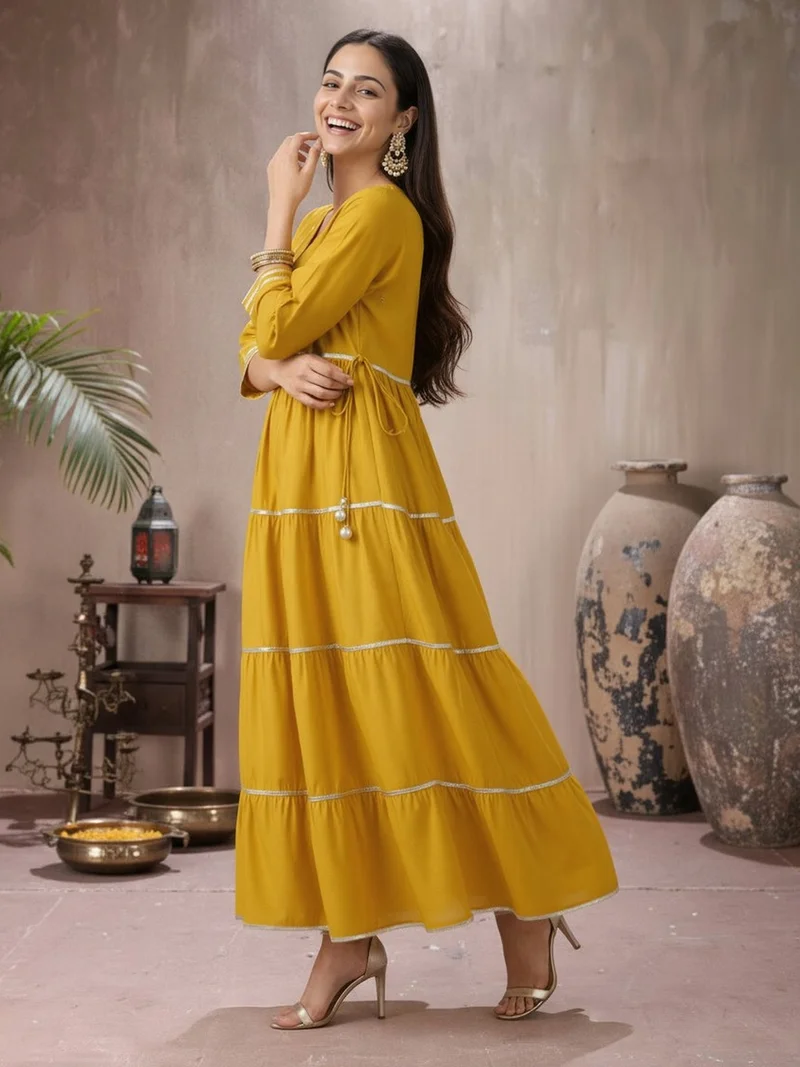 globus Globus Women Yellow V-Neck Sequinned Tie-Up Detail Gotta Patti Tiered Fit & Flare Maxi Festive Dress