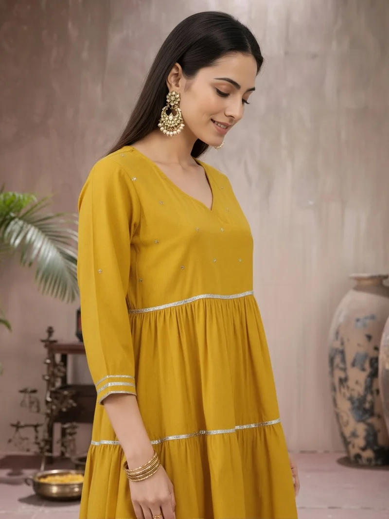 globus Globus Women Yellow V-Neck Sequinned Tie-Up Detail Gotta Patti Tiered Fit & Flare Maxi Festive Dress