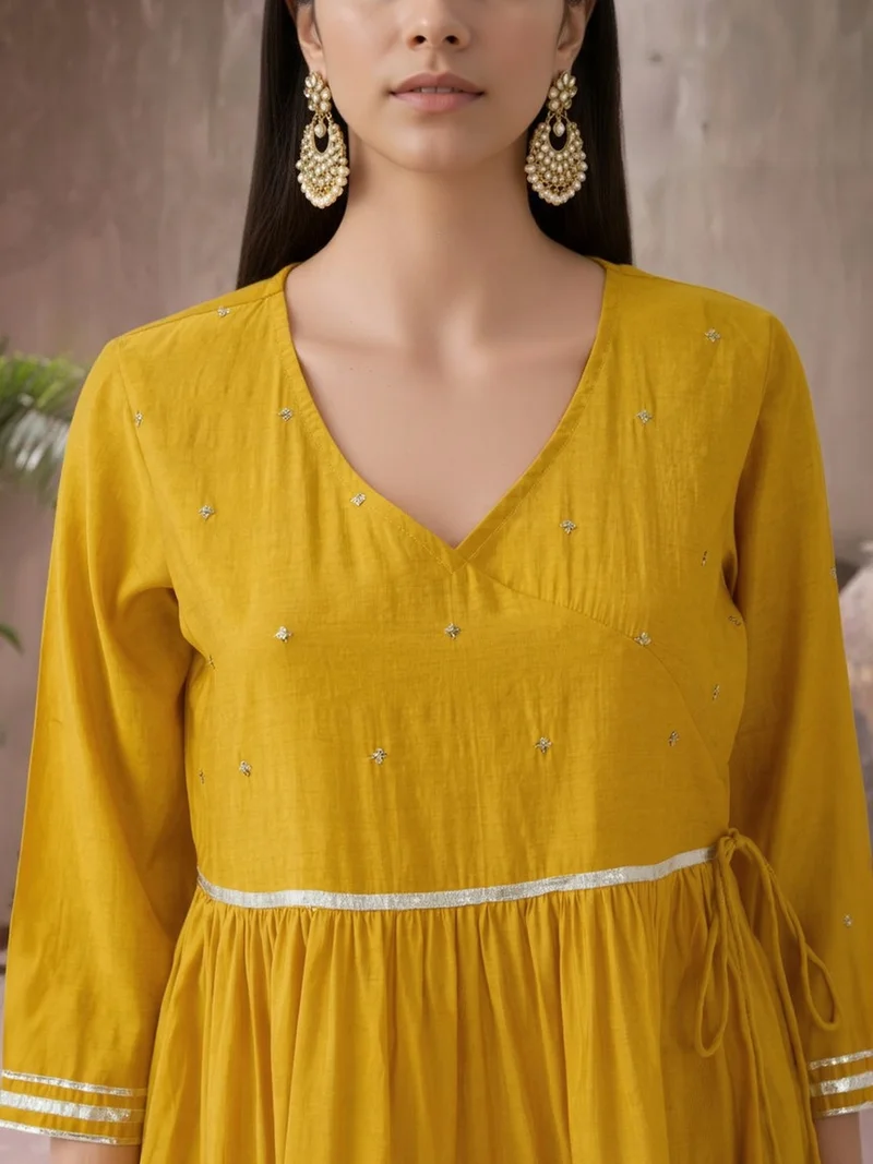 globus Globus Women Yellow V-Neck Sequinned Tie-Up Detail Gotta Patti Tiered Fit & Flare Maxi Festive Dress
