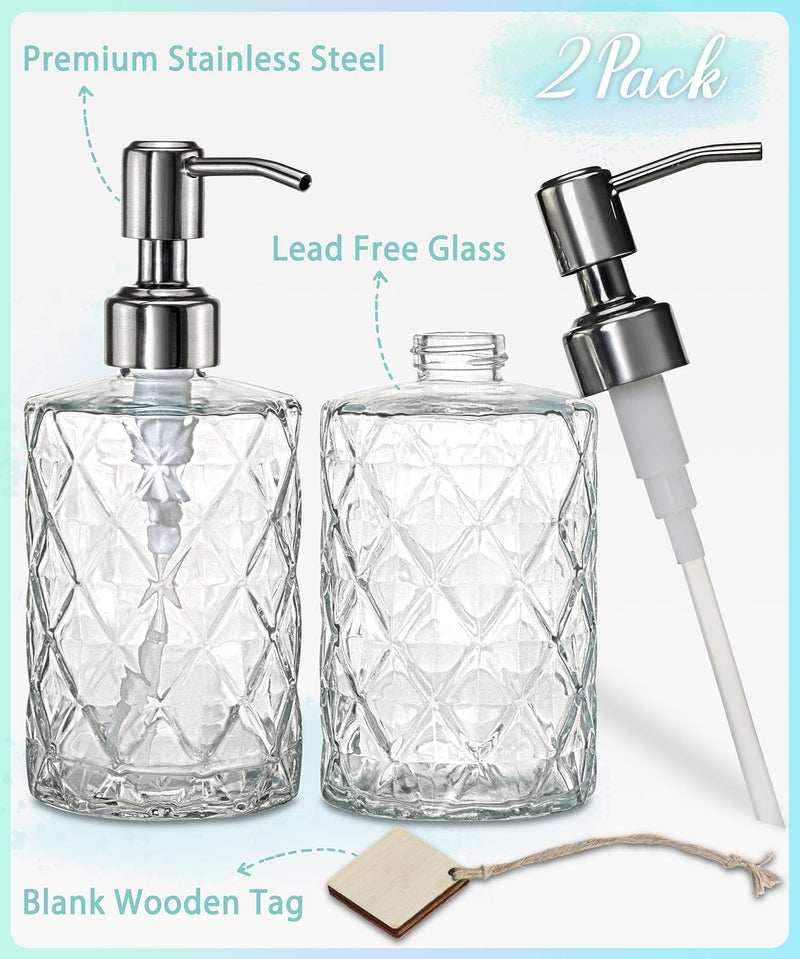 JASAI 2Pack Diamond Embossed Glass Soap Dispenser with 304 Rustproof Stainless Steel Pump, 12 OZ Bathroom soap Dispenser with A Wooden Tag, Elegant Hand Soap Dispenser for Bathroom & Kitchen - Image 2