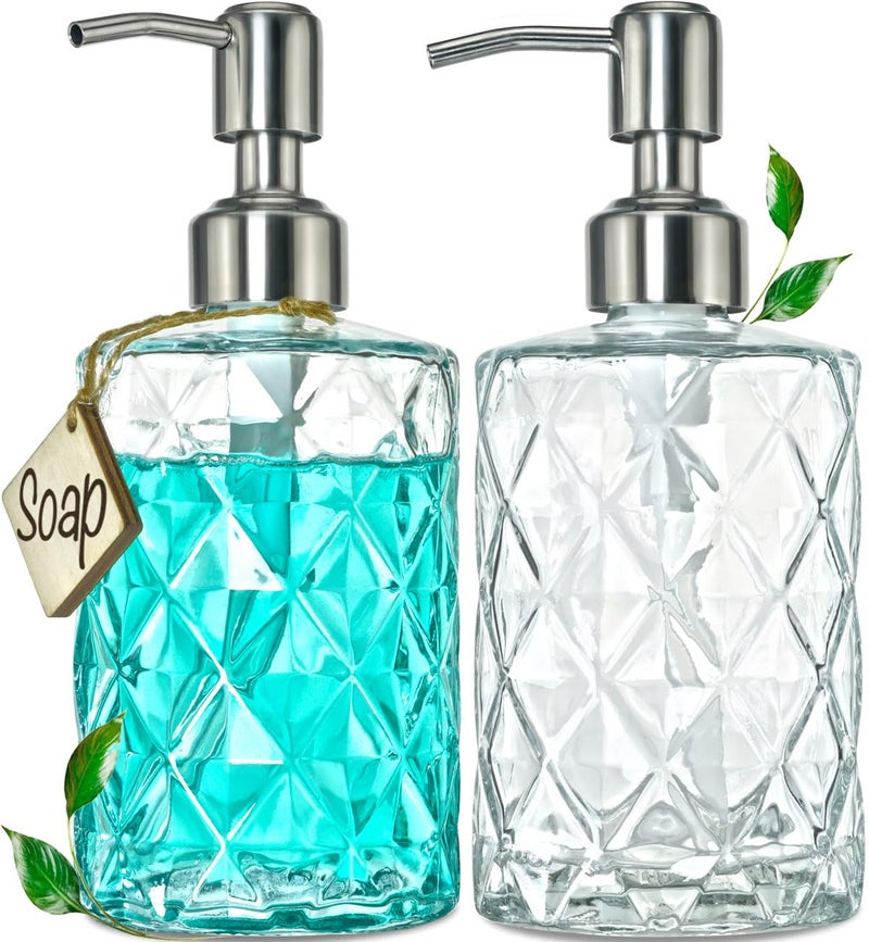 JASAI 2Pack Diamond Embossed Glass Soap Dispenser with 304 Rustproof Stainless Steel Pump, 12 OZ Bathroom soap Dispenser with A Wooden Tag, Elegant Hand Soap Dispenser for Bathroom & Kitchen - Image 1