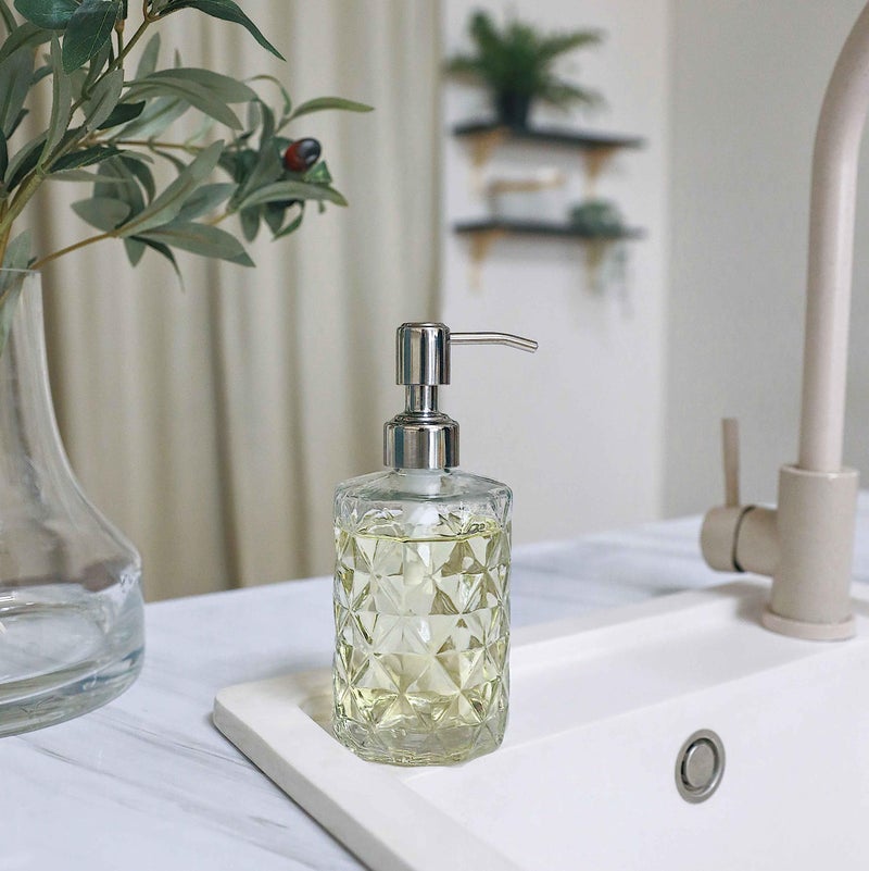 JASAI 2Pack Diamond Embossed Glass Soap Dispenser with 304 Rustproof Stainless Steel Pump, 12 OZ Bathroom soap Dispenser with A Wooden Tag, Elegant Hand Soap Dispenser for Bathroom & Kitchen - Image 3