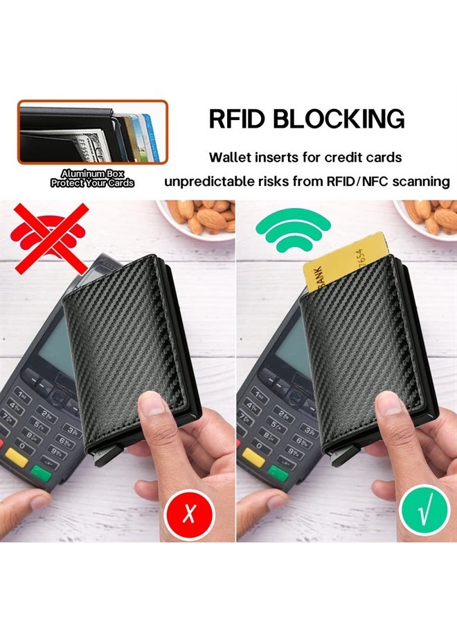 Meschett - Mens Card Holder Wallet, RFID Blocking with Money Pocket, Social Security Card Protector, Pop Up Wallet for Men, Slim Aluminum Wallet with Push Button for Quick Card Access,Carbon fiber black - Image 1