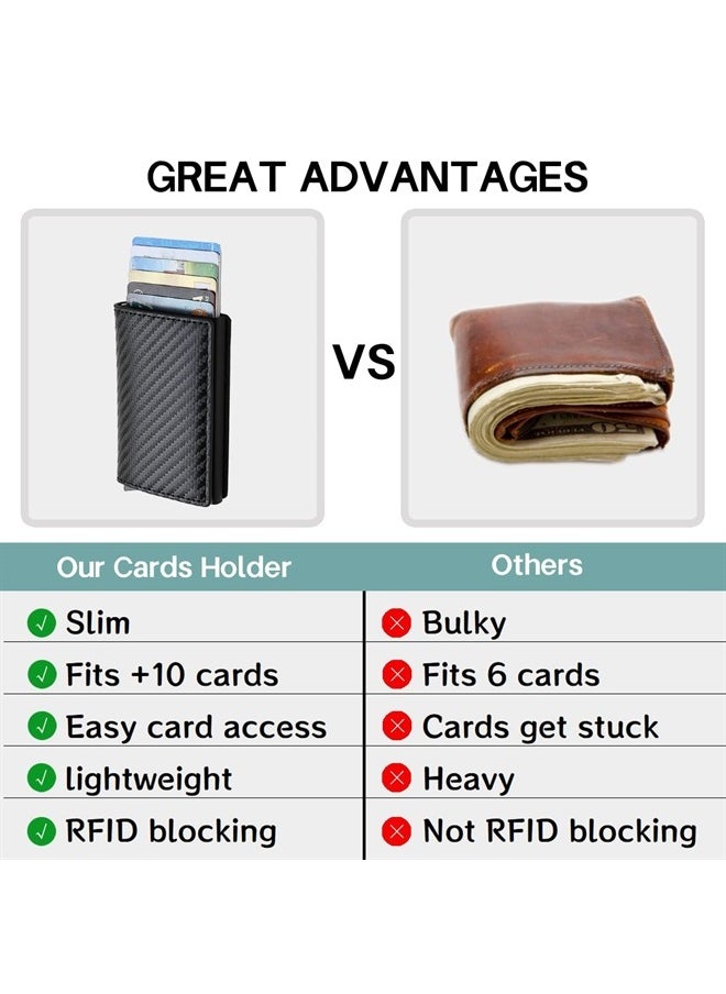 Meschett - Mens Card Holder Wallet, RFID Blocking with Money Pocket, Social Security Card Protector, Pop Up Wallet for Men, Slim Aluminum Wallet with Push Button for Quick Card Access,Carbon fiber black - Image 1