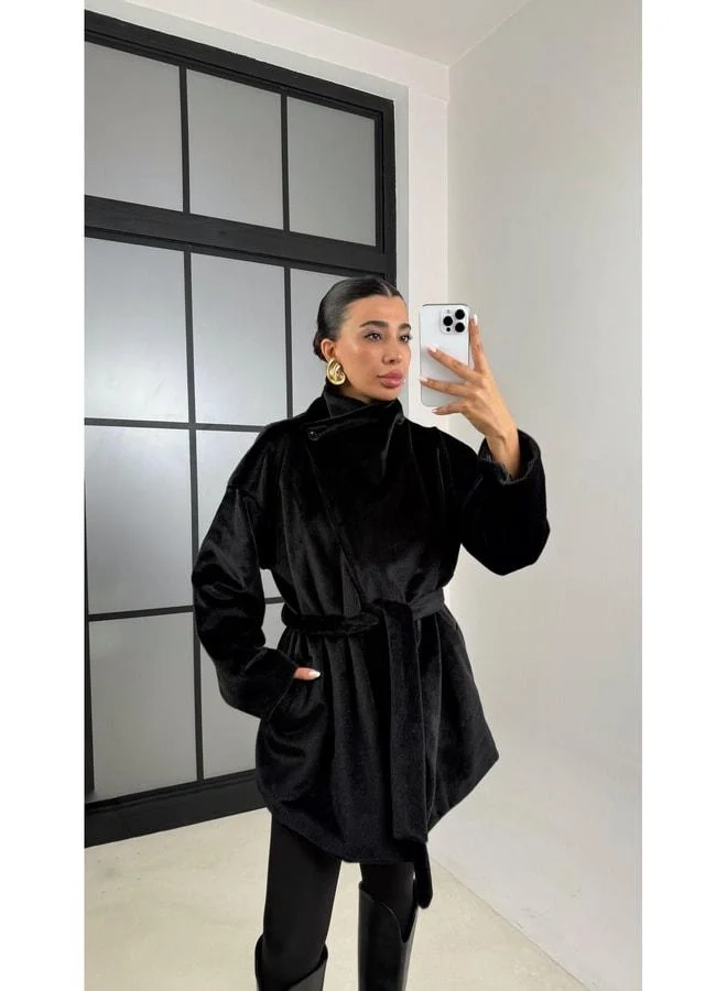 Gaus Black Asymmetric Buttoned Lined Belted Check Jacket GAUS-00474.