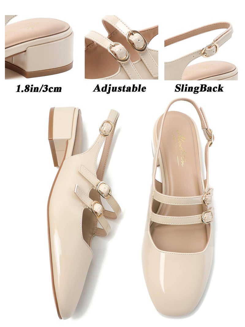Mostrin Nude Mary Jane Shoes Women Slingback Chunky Low Heels for Women Closed Rounded Toe Ankle Strap Pumps Daily Wedding Party Dress Shoes Size 8 - Image 4