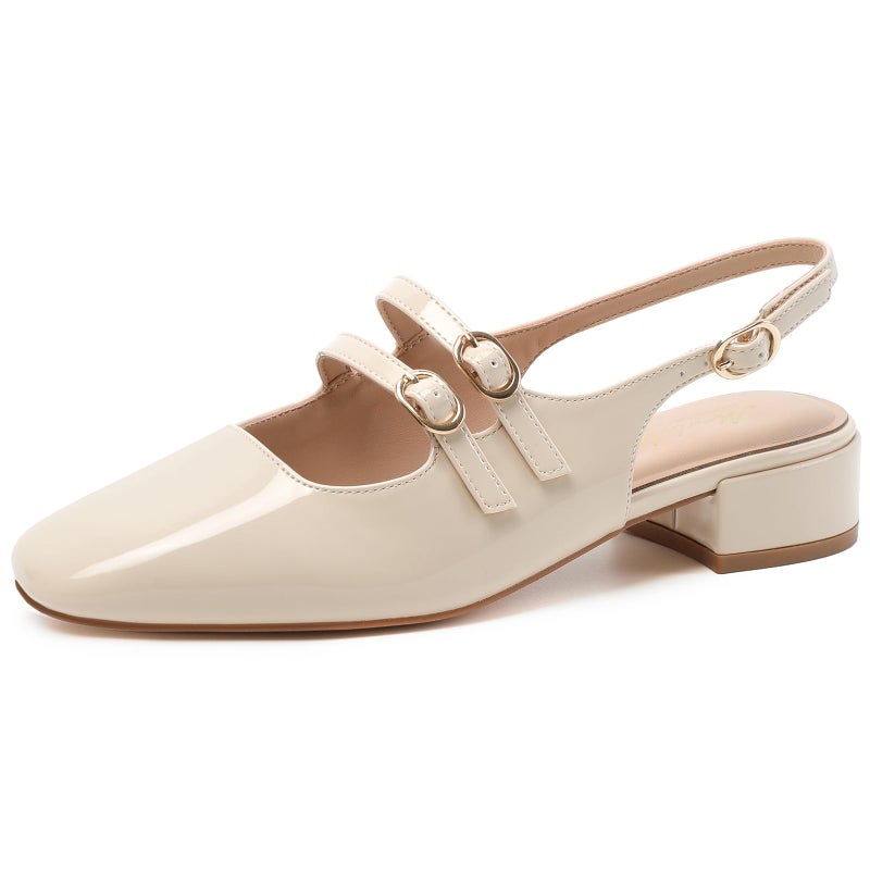 Mostrin Nude Mary Jane Shoes Women Slingback Chunky Low Heels for Women Closed Rounded Toe Ankle Strap Pumps Daily Wedding Party Dress Shoes Size 8 - Image 1
