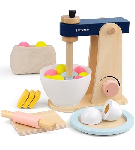 Pillowhale Wooden Stand Mixer Toy for Kids Montessori Pretend Baking Playset with Food Accessories Wooden Play Kitchen Toy Learning Gift for Toddlers Girls Boys Ages 3 - Image 1