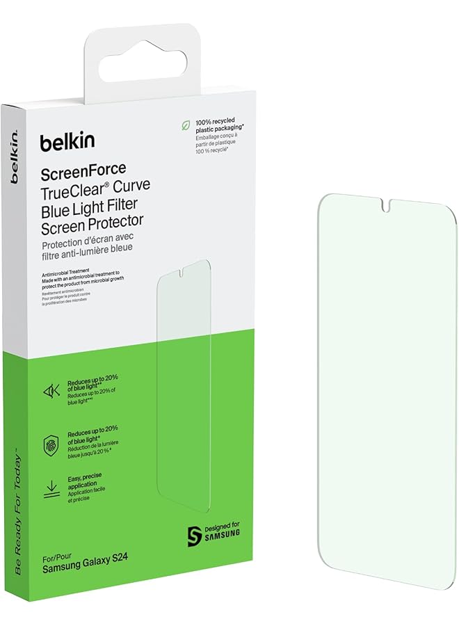 Screenforce Trueclear Curve Blue Light Filter Screen Protector For Samsung Galaxy S24 With Edge To Edge Fit Flawless Application With Included Easy Align Tray For Bubble Free Application  - Image 1