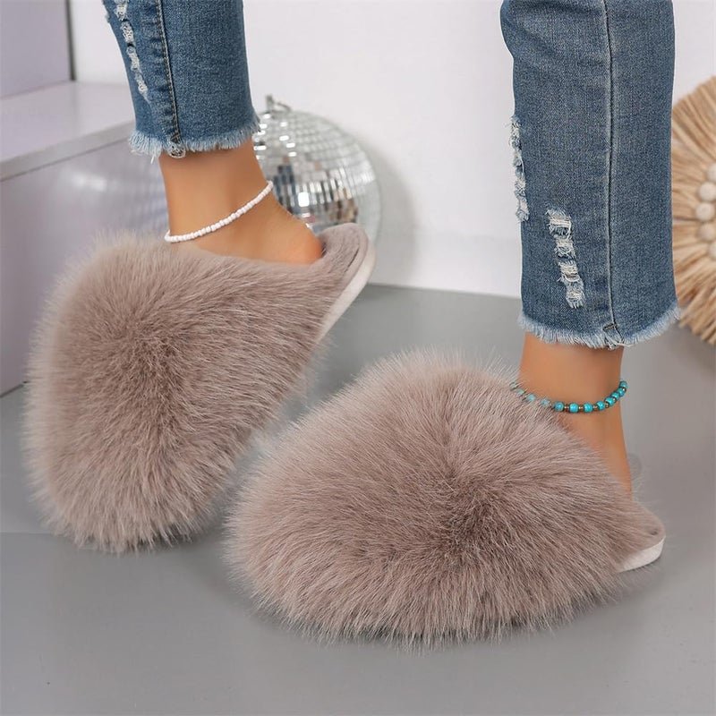 Pocadri Womens Cozy Faux Fur House Slippers Warm Plush Bedroom Slipper Anti-skid Sole Indoor Outdoor Slide Shoes Slip On - Image 2