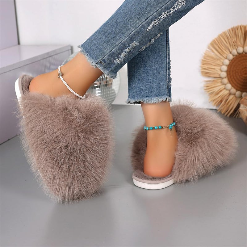 Pocadri Womens Cozy Faux Fur House Slippers Warm Plush Bedroom Slipper Anti-skid Sole Indoor Outdoor Slide Shoes Slip On - Image 3