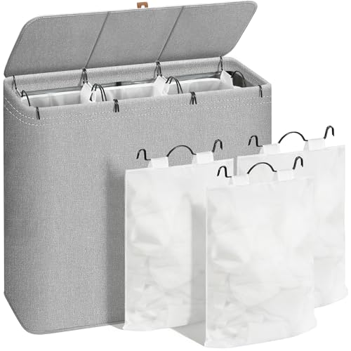 STORAGE MANIAC Triple Laundry Hamper with Lid 180L Tall Metal Frame Laundry Baskets with Removeable Bag Large Clothes Hamper with PU Tag Laundry Bin for Dorm Collage Bathroom Bedroom Gray - Image 1