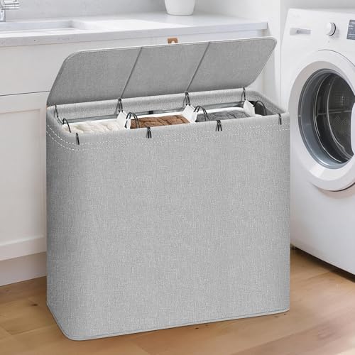 STORAGE MANIAC Triple Laundry Hamper with Lid 180L Tall Metal Frame Laundry Baskets with Removeable Bag Large Clothes Hamper with PU Tag Laundry Bin for Dorm Collage Bathroom Bedroom Gray - Image 3