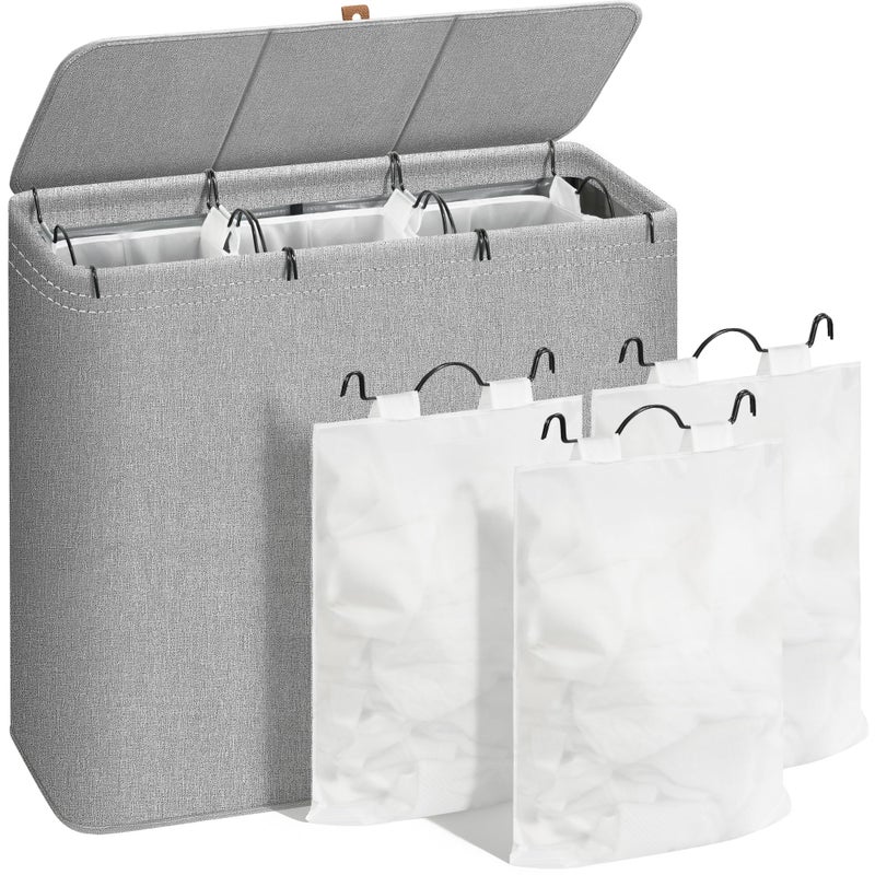 STORAGE MANIAC Triple Laundry Hamper with Lid 180L Tall Metal Frame Laundry Baskets with Removeable Bag Large Clothes Hamper with PU Tag Laundry Bin for Dorm Collage Bathroom Bedroom Gray - Image 2