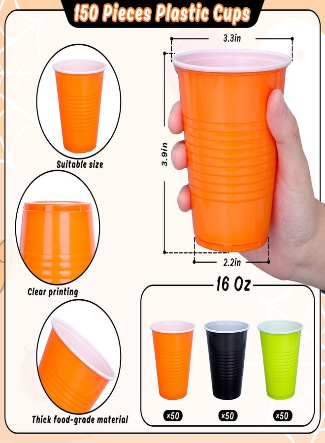 JarThenaAMCS جرثينا AMCS 150 قطعة أكواب بلاستيكية للهالوين 12 أونصة سوداء برتقالية خضراء أكواب شرب قابلة للتخلص منها أكواب حفلات قابلة للتكديس لعيد الهالوين أو حفلات أعياد الميلاد - Image 2