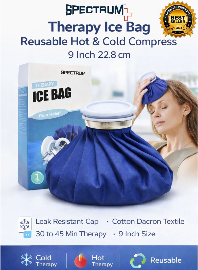 Spectrum Therapy Ice Bag Reusable 9 Inch 22.8 cm Hot and Cold Compress Pack for Pain Relief Cold Therapy Heat Therapy Ice Pack Bag for Bruises Swelling Sprains Soreness Joint Pain Muscle Aches Cramps Inflammation Post Workout Recovery Headache Migraine Fever First Aid Sports Injury Knee Elbow Ankle Back Wide Mouth Easy Fill Leak Resistant Screw Cap Cotton Dacron Fabric Portable Home Travel Physiotherapy Rehab - Image 1