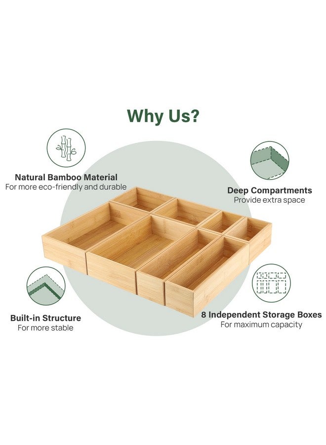 Kootek 8 Pcs Bamboo Drawer Organizer Utensil Tray Kitchen Storage Box 4-Size Versatile Dividers Cutlery Holders Bins Containers for Flatware Kitchen Utensils - Image 3