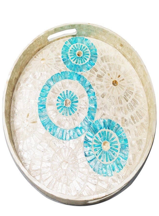 i-lan 18 Inch Round Mother of Pearl Serving Tray - Blue & White Nacre Inlay Decorative Tray with Handles - Handmade Shell Ottoman Tray for Coffee Table, Kitchen, Coastal Home Decor - Image 1