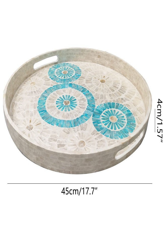 i-lan 18 Inch Round Mother of Pearl Serving Tray - Blue & White Nacre Inlay Decorative Tray with Handles - Handmade Shell Ottoman Tray for Coffee Table, Kitchen, Coastal Home Decor - Image 3